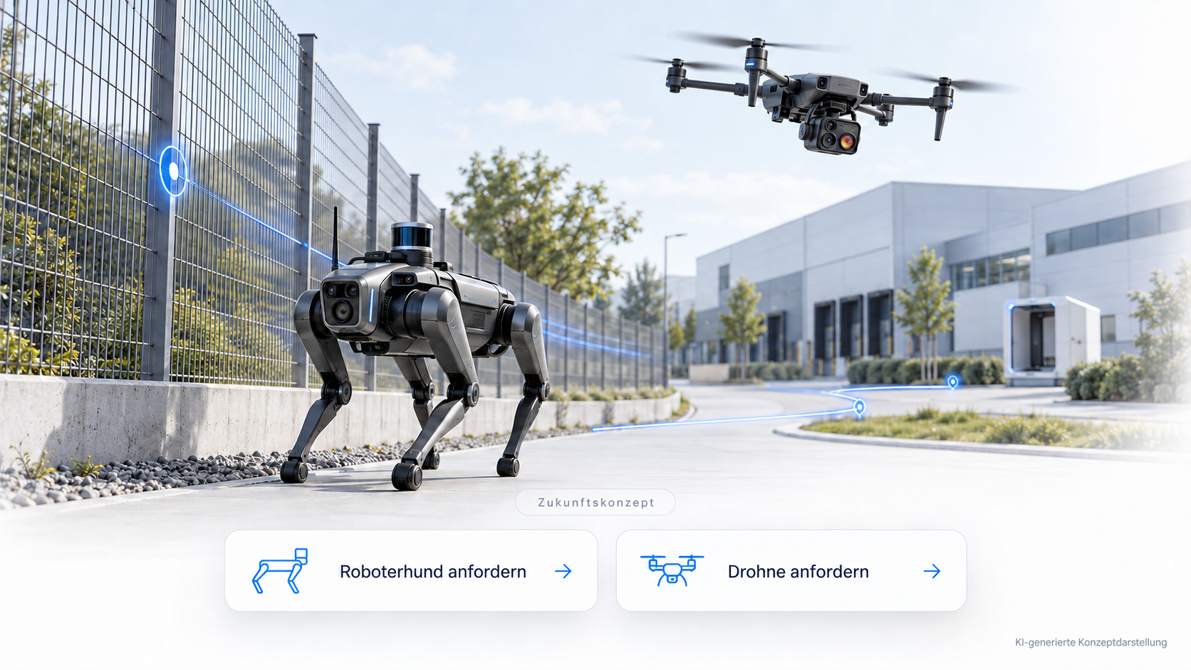 KI-generierte Konzeptdarstellung: Roboterhund und Drohne erkunden ein Industriegelände; dargestellt sind künftige Anforderungsbuttons.